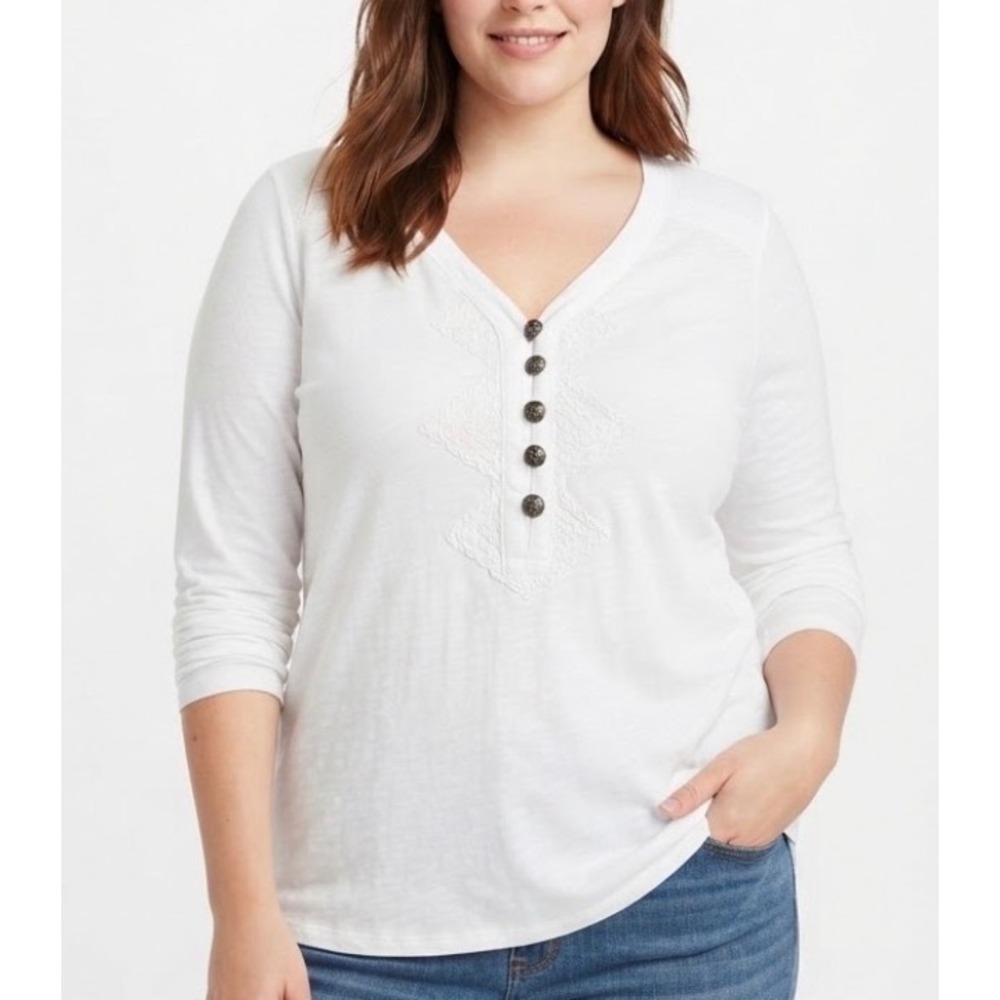 J. Jill White Embroidered Henley Long Sleeve Slub Knit Top Large